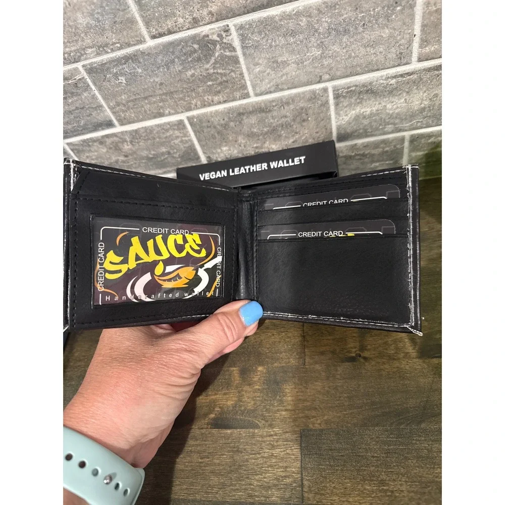 Sauce Handcrafted Vegan Leather Bifold Wallet Black Streetwear Graphic New Box